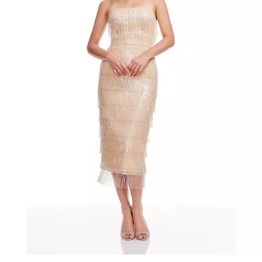 Dress the Population Viviana Strapless Cream Fringe Dress worn once like new xxs